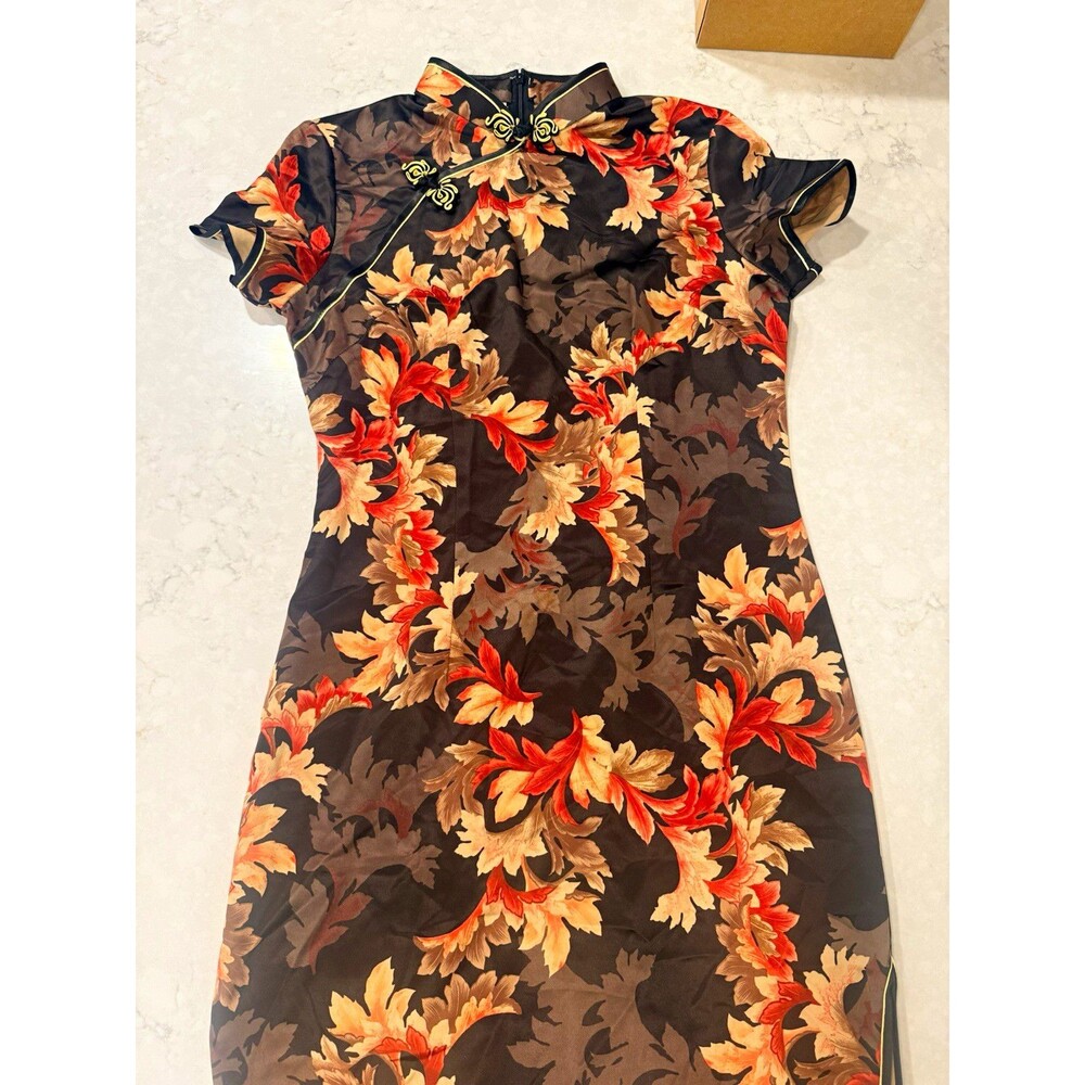 The LaoTang Traditional Women’s L Black Satin Floral Cheongsam Qipao Dress